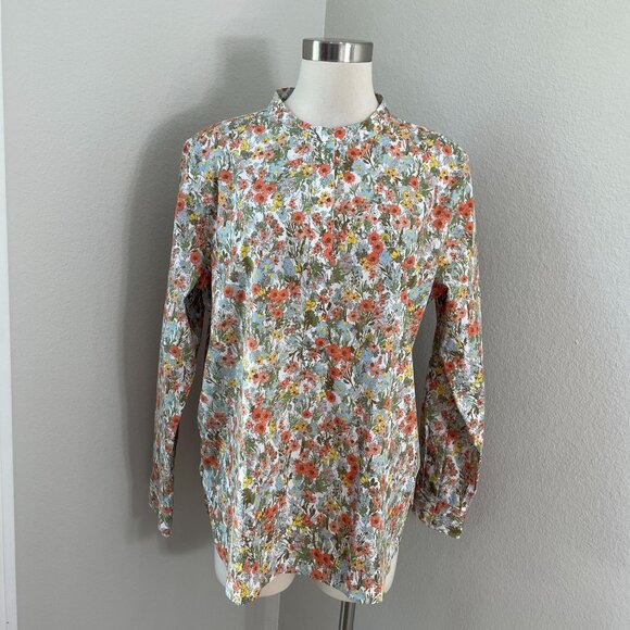 Lands End Womens Large Floral No Iron Blouse Button Front Shirt Collarless - Picture 1 of 11